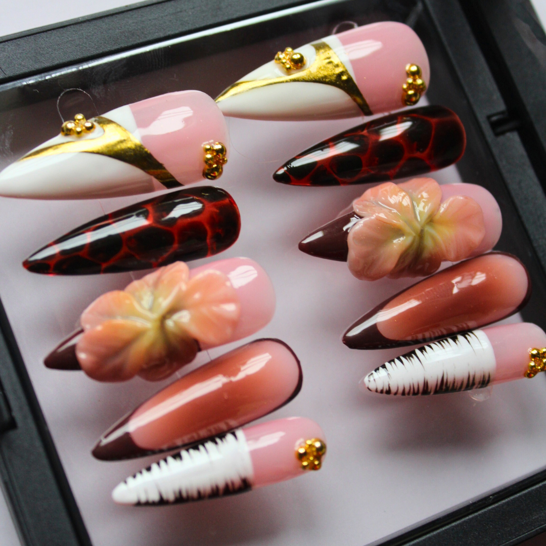 press on nails tons bruns french blanch détails or 